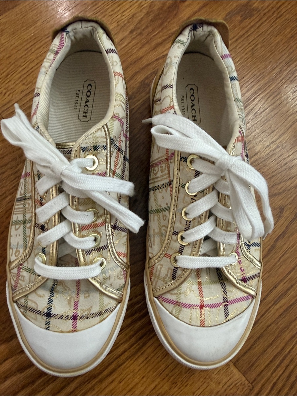 Coach Barrett multi color Plaid Logo Sneakers Gold Trim Women’s Size 7.5B